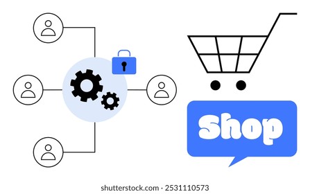 Rede de ícones de usuário conectados a engrenagens com um símbolo de cadeado e um carrinho de compras ao lado de um sinal de loja. Ideal para e-commerce, segurança on-line, processos de negócios, marketing digital e atendimento ao cliente
