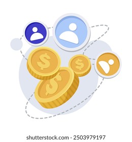 Network of users and gold coins on abstract background. Vector illustration
