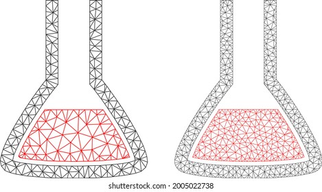 Iconos del matraz químico vectorial de red. Imágenes químicas de carcasas de malla en bajo estilo de poli con triángulos, puntos y líneas estructurados. Composición en malla de la carne química triangulada,