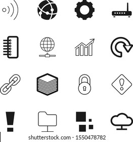 network vector icon set such as: page, structure, padlock, net, cogs, solutions, protection, broadcasting, online, chart, grow, graph, growth, station, strength, gears, system, industrial, electronic