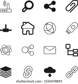 network vector icon set such as: magnifier, search, pattern, address, atom, attachment, view, 3d, paperclip, computing, equipment, steel, supplies, post, download, science, upload, tool