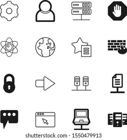 network vector icon set such as: media, orb, talk, laptop, progress, 3d, cogs, bubble, outline, center, map, list, office, gear, atom, hard, nucleus, label, user, menu, person, star, science