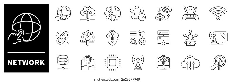 Network vector icons. Networking thin line icons collection. Online, computer, website, server, web design, hardware, software, programming, network related icons

