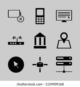 network vector icons set. with parcel four directions, server, location and bank in set