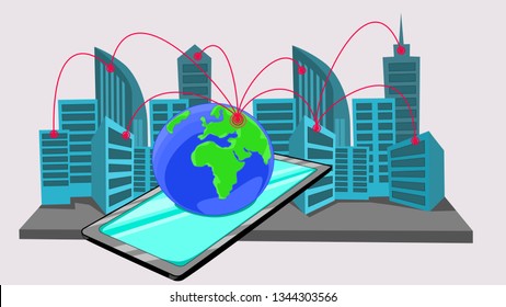 Network vector illustration The world image that connects the network with the urban society via the mobile screen