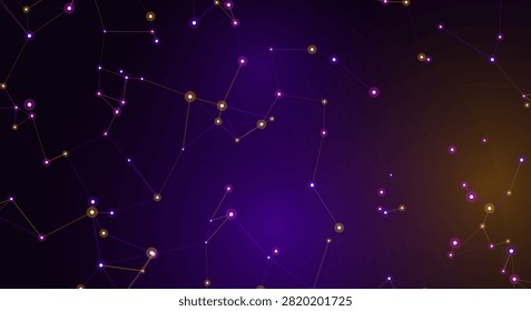 Network visualization displaying purple and orange nodes linked together representing global digital communication connectivity.