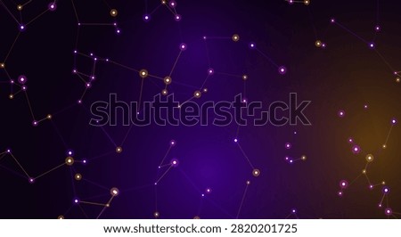 Network visualization displaying purple and orange nodes linked together representing global digital communication connectivity.