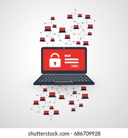 Network Vulnerability, Locked Device, Encrypted Files, Lost Documents, Ransomware Attack - Virus, Malware, Fraud, Spam, Phishing, Email Scam, Hacker Attack - IT Security Concept, Vector illustration