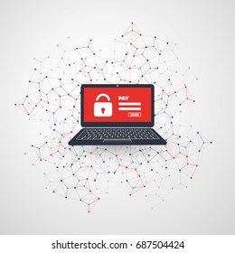 Network Vulnerability, Locked Device, Encrypted Files, Lost Documents, Ransomware Attack - Virus, Malware, Fraud, Spam, Phishing, Email Scam, Hacker Attack - IT Security Concept, Vector illustration