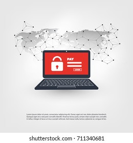 Network Vulnerability, Locked Device, Encrypted Files, Lost Documents, Ransomware Attack - Virus, Malware, Fraud, Spam, Phishing, Email Scam, Hacker Attack - IT Security Concept, Vector illustration