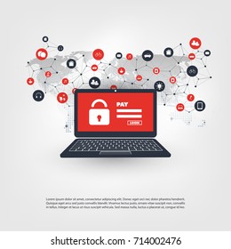 Network Vulnerability, Locked Device, Encrypted Files, Lost Documents, Ransomware Attack - Virus, Malware, Fraud, Spam, Phishing, Email Scam, Hacker Attack - IT Security Concept, Vector illustration