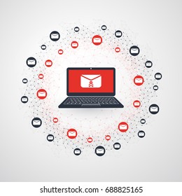 Network Vulnerability - Malware Infection by E-mail - Virus, Ransomware, Fraud, Spam, Phishing, Email Scam, Hacker Attack - IT Security Concept Design, Vector illustration