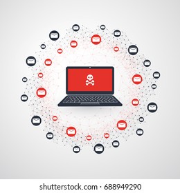 Network Vulnerability - Malware Infection by E-mail -Virus, Ransomware, Fraud, Spam, Phishing, Email Scam, Hacker Attack - IT Security Concept Design, Vector illustration