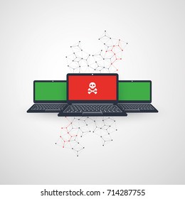 Vulnerabilidad de red, sistema de protección - Virus, malware, Ransomware, Fraude, Spam, phishing, correo electrónico, ataque hacker - Diseño de concepto de seguridad de TI, ilustración de vector