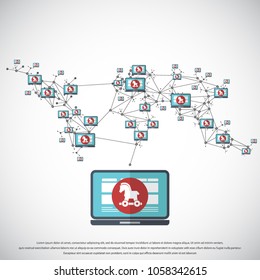 Network Vulnerability - Virus, Malware, Ransomware, Fraud, Spam, Phishing, Email Scam, Hacker Attack - IT Security Concept Design, Vector illustration