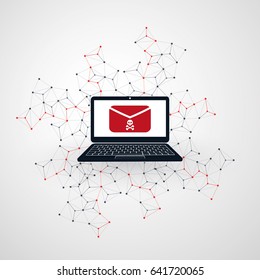 Network Vulnerability - Virus, Malware, Ransomware, Fraud, Spam, Phishing, Email Scam, Hacker Attack - IT Security Concept Design, Vector illustration