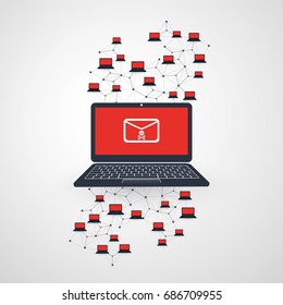 Network Vulnerability - Virus, Malware, Ransomware, Fraud, Spam, Phishing, Email Scam, Hacker Attack - IT Security Concept Design, Vector illustration