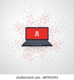 Netzwerk-Verwundbarkeit - Virus, Malware, Ransomware, Betrug, Spam, Phishing, E-Mail-Scan, Hacker Attack - IT-Sicherheitskonzept-Design, Vektorgrafik 