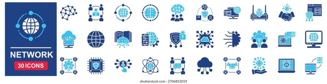 Conjunto de iconos de Web de red en estilo azul Plano. concepto de Ilustración vectorial relacionado con la tecnología, arquitectura, digital, icono, centro, comunicación, servicio, computadora