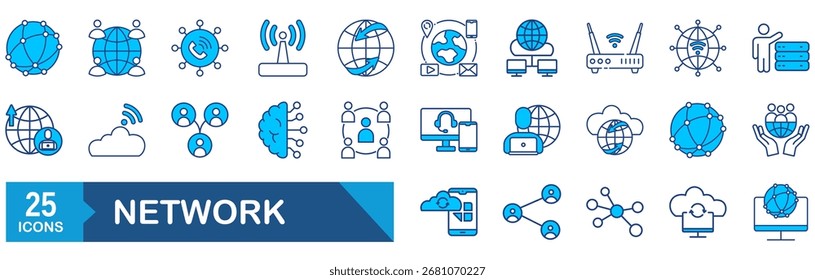Network Web Icon Set. Collection of Information Technology Linear Icons, Including connection, communication, technology, internet, IT, router, signal, wireless and more. Editable Stroke