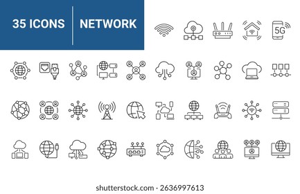 Network Web Icon Set in Line Style. Collection of Information Technology Linear Icons, Including connection, communication, technology, internet, IT, router, signal, wireless and more. Editable Stroke