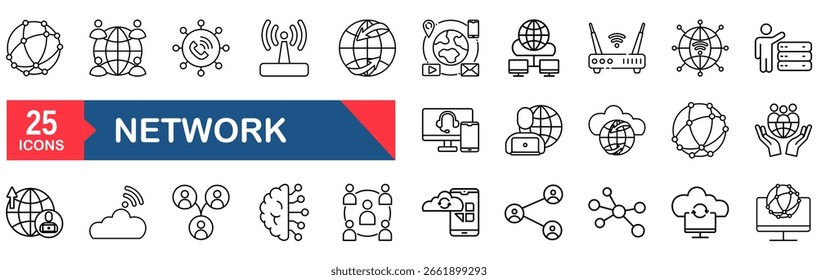 Network Web Icon Set in Line Style. Collection of Information Technology Linear Icons, Including connection, communication, technology, internet, IT, router, signal, wireless and more. Editable Stroke
