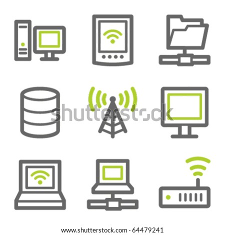 Network web icons, green and gray contour series