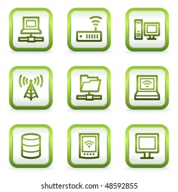 Network web icons, square buttons, green contour