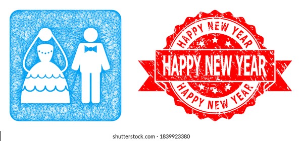 Network wedding couple icon, and Happy New Year grunge ribbon seal print. Red seal contains Happy New Year tag inside ribbon.Geometric hatched carcass flat network based on wedding couple icon,