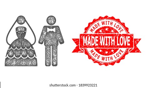 Network wedding couple icon, and Made with Love textured ribbon stamp seal. Red seal contains Made with Love title inside ribbon.Geometric linear carcass 2D network based on wedding couple icon,