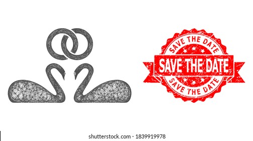 Icono de cisnes de bodas en red y sello de cinta sucia de fecha. El sello rojo incluye el texto Guardar fecha dentro de la cinta.Red de marco lineal geométrico 2D basada en el icono de los cisnes de boda,