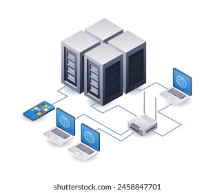 Netzwerk WiFi Internet Server Technologie Analyst Infografik Illustration 3D flach isometrisch 1