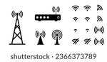 Network, Wifi router related. Connect to internet service. For 4G or 5G connection. Radio tower, antenna. Antenna icon set.  Communication towers, transmitter receiver wireless signal icon.