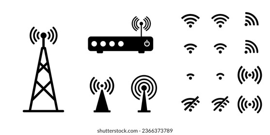 Netzwerk, Wifi-Router bezogen. Mit dem Internetdienst verbinden. Für 4G- oder 5G-Anschluss. Funkturm, Antenne. Antennensymbol-Set.  Kommunikationstürme, Funksignal-Symbol des Senders.