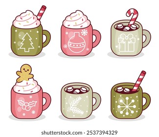 Network of winter holidays cup with hot drink. Vector illustration