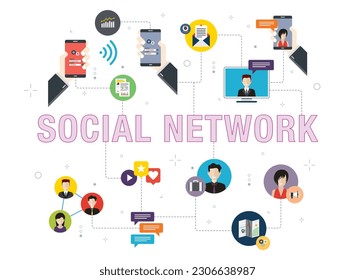 Network, wireless, communication, social media and connection icons. Concepts of wireless network, virtual communication, social network, connection digital. Flat design icons in vector illustration.