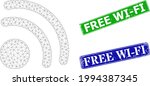 Network wireless internet point image, and Free Wi-Fi blue and green rectangle scratched badges. Polygonal wireframe image is designed with wireless internet point icon.