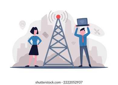 Network wireless technology concept. Communication tower wireless high speed internet connection cartoon vector illustration