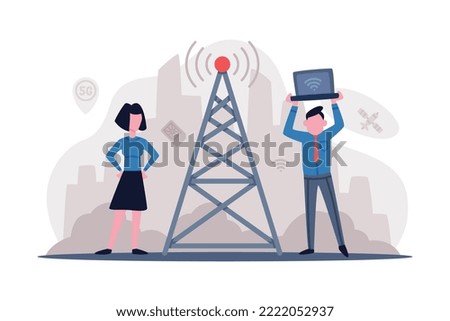 Network wireless technology concept. Communication tower wireless high speed internet connection cartoon vector illustration