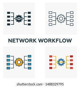 Network Workflow icon set. Four elements in diferent styles from big data icons collection. Creative network workflow icons filled, outline, colored and flat symbols.