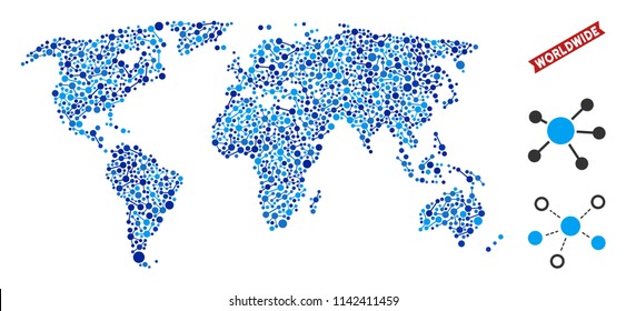 Network world map collage. Abstract territory scheme of links in blue color hues. Vector world map is constructed of web links. Concept of internet company.
