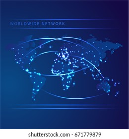 Network world map with vector light effect. Connecting telecommunications web concept.