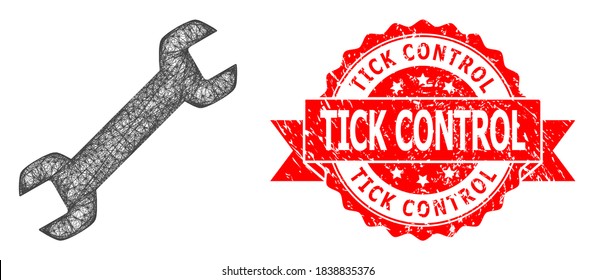 Network wrench icon, and Tick Control corroded ribbon stamp seal. Red stamp seal contains Tick Control caption inside ribbon.Geometric linear frame 2D network based on wrench icon,