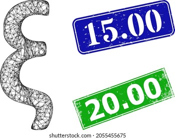 Network Xi Greek lowercase symbol image, and 15.00 blue and green rectangle grunge stamp seals. Polygonal carcass image designed with Xi Greek lowercase symbol pictogram. Stamp seals contain 15.