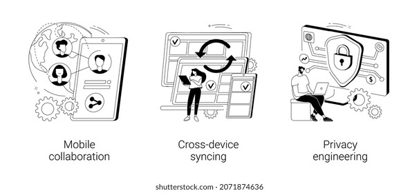 Networking app software abstract concept vector illustration set. Mobile collaboration, cross-device syncing, privacy engineering, mobile and desktop versions, personal data defense abstract metaphor.