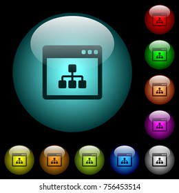 Networking application icons in color illuminated spherical glass buttons on black background. Can be used to black or dark templates