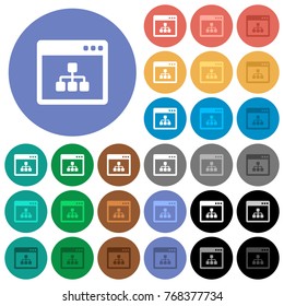 Networking application multi colored flat icons on round backgrounds. Included white, light and dark icon variations for hover and active status effects, and bonus shades on black backgounds.