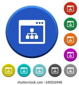 Networking application round color beveled buttons with smooth surfaces and flat white icons