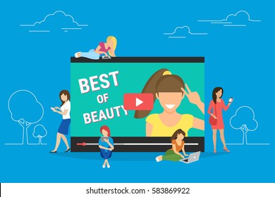 Networking and beauty bloger video streaming isolated on blue background. Flat concept illustration of young women standing near screen and using smart phones and laptops to watch beauty vlog online