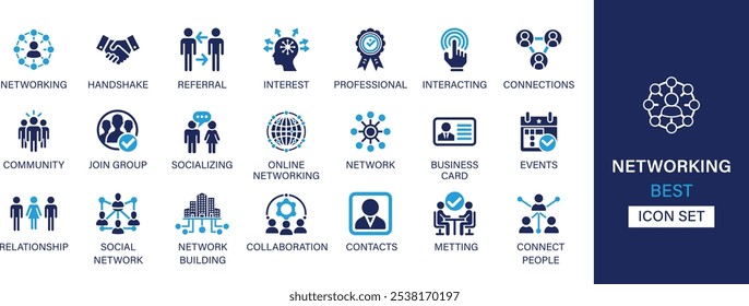 Networking best solid icon set collection. Referral, interest, professional, interacting, connections, community, join group, online networking, relationship, social network and vector illustration.